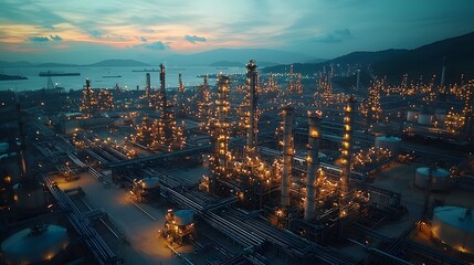 Aerial view of an industrial oil refinery at twilight, illuminated by glowing lights.