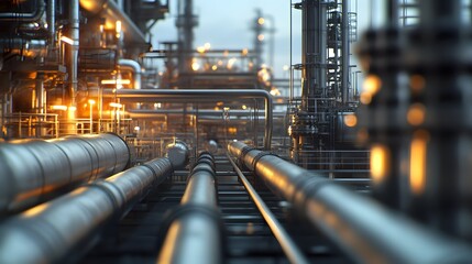 Depiction of an industrial plant with numerous pipes and machinery, showcasing the advanced technology used in oil production