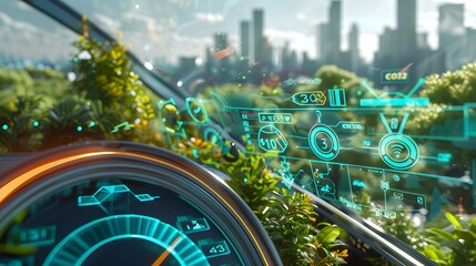 A futuristic car dashboard with digital displays and greenery, emphasizing eco-friendly technology.