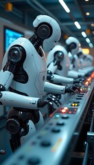 Obraz premium A network of AI-controlled robots working in sync within a high-tech warehouse, managing tasks with precision and efficiency, showcasing advanced automation and coordination.