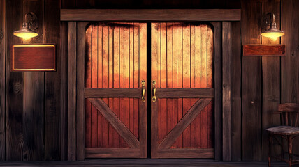 Old wooden doors background - an old time theme for barn, warehouse, stockyard, shipyard or factory with wood - two wall lamps illuminate old blank signage
