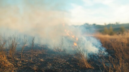 Close-up of smoke drifting across a rural landscape from a controlled burn, with a blurred horizon and vegetation -