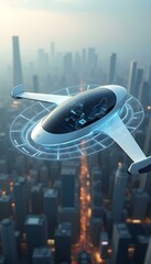 A personal flying vehicle hovering above a futuristic cityscape, showcasing advanced technology and innovative transportation solutions