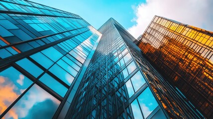 Close-up of the facade of a modern skyscraper with reflective glass windows and geometric patterns --