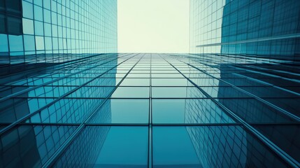 Close-up of the facade of a modern skyscraper with reflective glass windows and geometric patterns --
