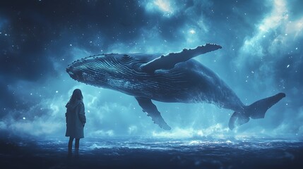 Fototapeta premium A young girl gazes at a majestic whale in a mystical ocean scene.