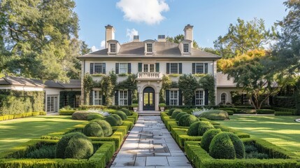 A colonial mansion with a grand entrance, neatly trimmed garden, and pathway leading to the front door under a bright blue sky.