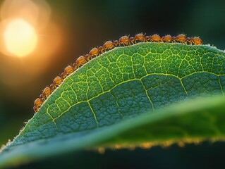 macro shot of industrious worker ants in perfect line formation traversing a textured leaf surface