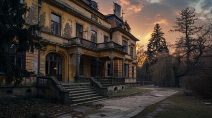 Fototapeta premium A historical mansion showing the passage of time, with an alluring rustic entrance and surrounding nature, bathed in the warm hues of sunset.