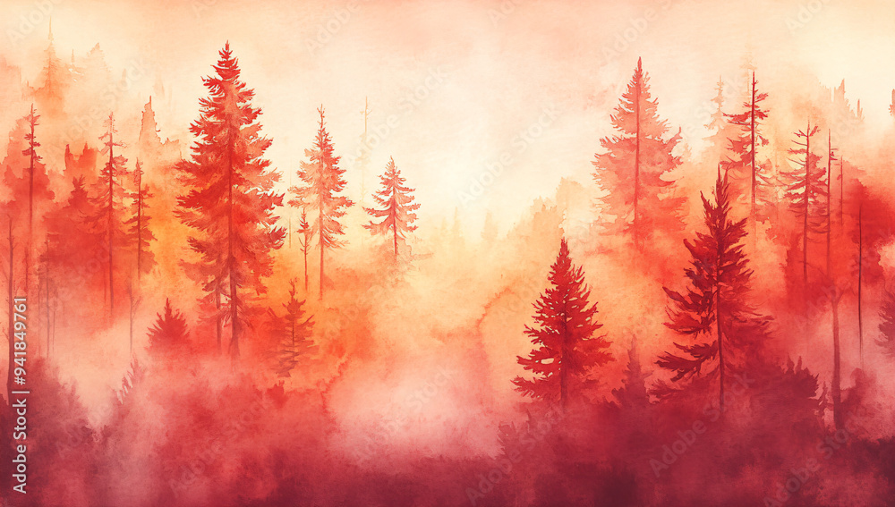 Wall mural red forest fog.