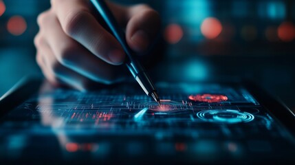 A hand using a stylus on a digital tablet, exploring futuristic user interface elements and interactive design features.
