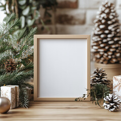 Christmas Holiday Mock Up with Empty Frame in Minimalistic Winter Themed Decor