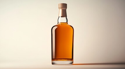 A stylish bottle filled with amber liquid, reflecting light elegantly, perfect for showcasing refined beverage choices.
