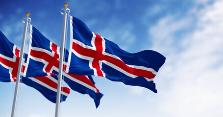 Close-up of three Iceland national flags waving