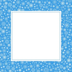 Hand drawn winter frame elegant design set snowflakes. Blue background.
