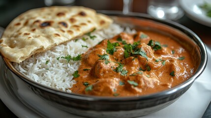 Indian Butter Chicken served with naan bread and basmati rice