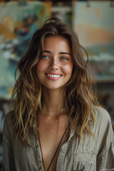 Obraz premium A joyful young artist stands and poses in her studio, surrounded by various portraits displayed on the walls, highlighting her vibrant and creative workspace with an inspiring atmosphere.