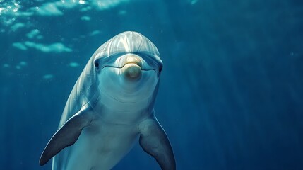 Obraz premium Playful dolphin swimming gracefully in crystal-clear blue waters.