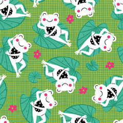 Frogs Lying on Lily Pads Vector Seamless Pattern