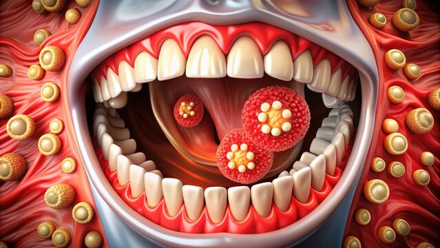 Odontogenic Infection - mood: dramatic, style: anatomical, color: red, concept: bacterial infection of teeth