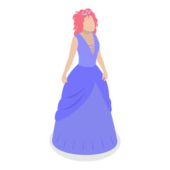 Fototapeta premium 3D Isometric Flat Vector Set of Princess Characters, Beautiful Girlish Dress. Item 1