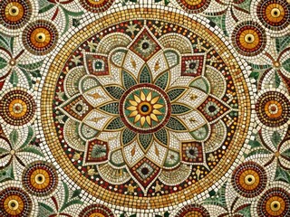 Opulent Mosaic: Geometric circles and dots arranged in a symmetrical, ornate pattern, reminiscent of traditional mosaics, exuding grandeur and elegance.