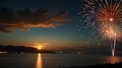 Bright fireworks at dusk.