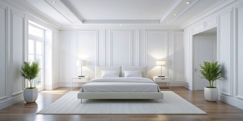 Minimalist Bedroom Interior Design White Walls, Recessed Lighting, and Plush Bed, bedroom decor, interior design, minimalist, white walls