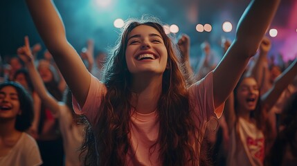 Fototapeta premium Happy young woman celebrating at a vibrant concert with arms raised.