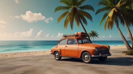 car with luggage ready for summer holidays 3D Rendering with beach and palm trees.