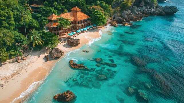 A serene beachside retreat with crystal-clear waters and lush greenery under a bright sky at sunrise. Generative AI