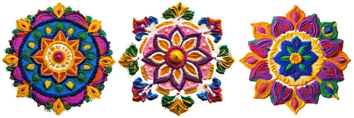 Set of A traditional Diwali rangoli design made with vibrant colored powders isolated on transparent background  (2)