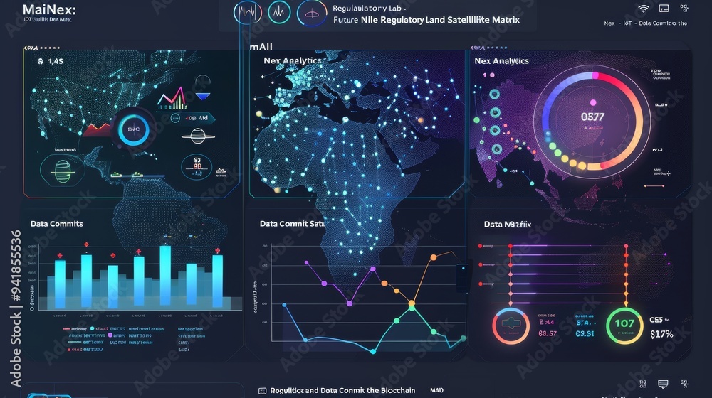 Poster a sophisticated digital display showcasing maps and intricate graphs, representing advanced data ana