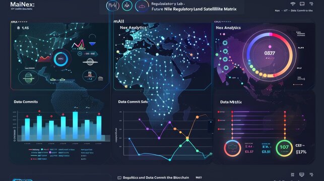 A sophisticated digital display showcasing maps and intricate graphs, representing advanced data analysis systems.