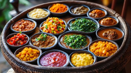 Ethiopian Injera with a variety of colorful stews (wot) and vegetables