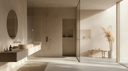 Detailed shot of a minimalist bathroom with a frameless shower, floating vanity, and a neutral color palette
