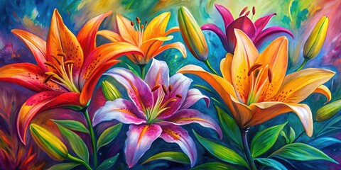 Fototapeta premium Painterly Lily Impression: Brushstrokes, vibrant colors, abstract lily forms, expressive style