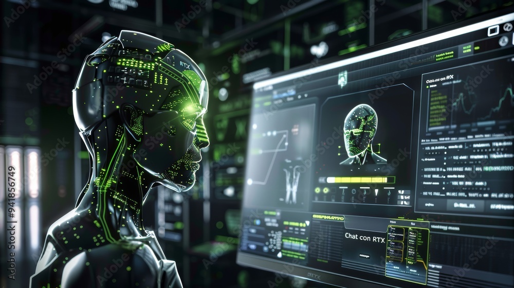 Poster a futuristic scene showcasing an advanced ai robot interfacing with a high-tech digital console, rep