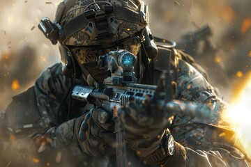 Fototapeta premium A highly disciplined soldier aiming a rifle in an action-packed battle moment, with sparks and fire creating dramatic intensity and urgency.