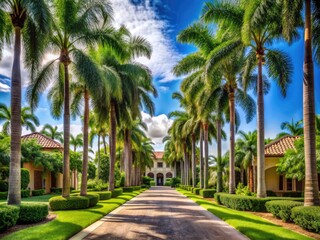 Obraz premium Palm Paradise: Tropical paradise with lush royal palms bordering a driveway leading to a luxurious estate.