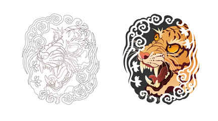 Tiger face tattoo design, Japanese style irezumi tattoo concept. Line artwork included 건대타투 타투달 호랑이 문신도안