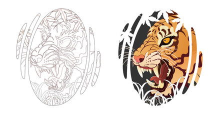 Tiger face tattoo design, Japanese style irezumi tattoo concept. Line artwork included 건대타투 타투달 호랑이 문신도안