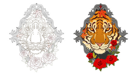 Fototapeta premium Tiger face tattoo design, Japanese style irezumi tattoo concept. Line artwork included 건대타투 타투달 호랑이 문신도안
