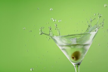 A martini glass with an olive splashing in a vibrant green background.