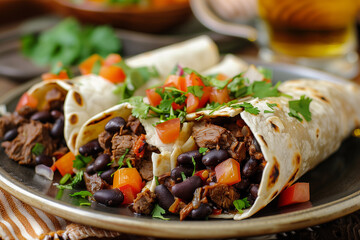Delicious beef black bean burrito with fresh toppings, served with beer in a cozy dining setting