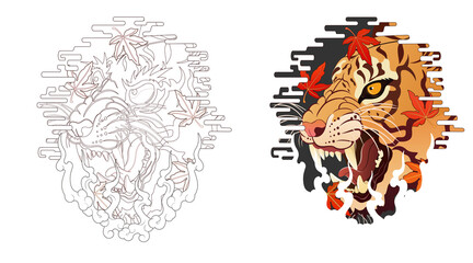 Tiger face tattoo design, Japanese style irezumi tattoo concept. Line artwork included 건대타투 타투달 호랑이 문신도안