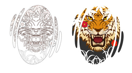 Tiger face tattoo design, Japanese style irezumi tattoo concept. Line artwork included 건대타투 타투달 호랑이 문신도안