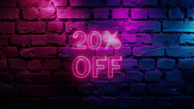 Video footage of Pink glowing 20% Off text neon on brick wall background. Looped Neon abstract Lines.