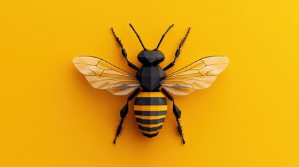 Fototapeta premium A yellow and black striped bee is on a yellow background. The bee is the main focus of the image, and it is in a relaxed and peaceful state. The bright colors of the bee