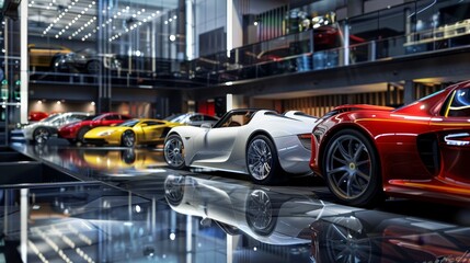 An array of luxury sports cars lined up in a modern showroom with a bright ambiance and reflections on the glossy floor surfaces, displaying sophistication.